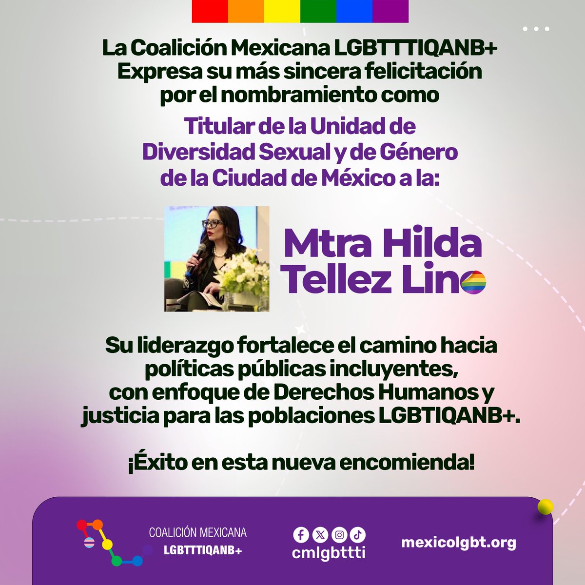 Coalición Mexicana LGBTTTI+ (@cmlgbttti) on Twitter photo 🌈 Desde la @CMLGBTTTI felicitamos a
<a href="/HildaTellezL/">Hilda Téllez Lino</a> por su nombramiento como
Titular de la Unidad de Diversidad Sexual y de Género de la CDMX.
Confiamos en que su labor fortalecerá el camino hacia políticas públicas con enfoque de derechos e inclusión.
¡Éxito en esta nueva etapa! 🌈 Desde la @CMLGBTTTI felicitamos a
<a href="/HildaTellezL/">Hilda Téllez Lino</a> por su nombramiento como
Titular de la Unidad de Diversidad Sexual y de Género de la CDMX.
Confiamos en que su labor fortalecerá el camino hacia políticas públicas con enfoque de derechos e inclusión.
¡Éxito en esta nueva etapa!