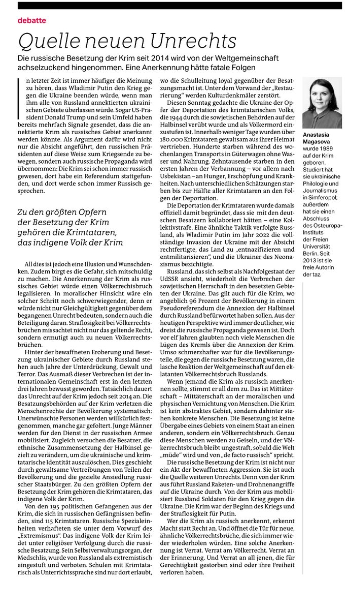 a_magazova's tweet image. Es war schmerzhaft, aber umso wichtiger, heute diese Kolumne über meine Krim zu schreiben. In dieser Debatte verteidige ich meine These: Wer die Krim als russisch anerkennt, macht sich zum Mittäter.
Zum Text - taz.de/!6085772/
#DeportationDerKrimtatarenVor81Jahren