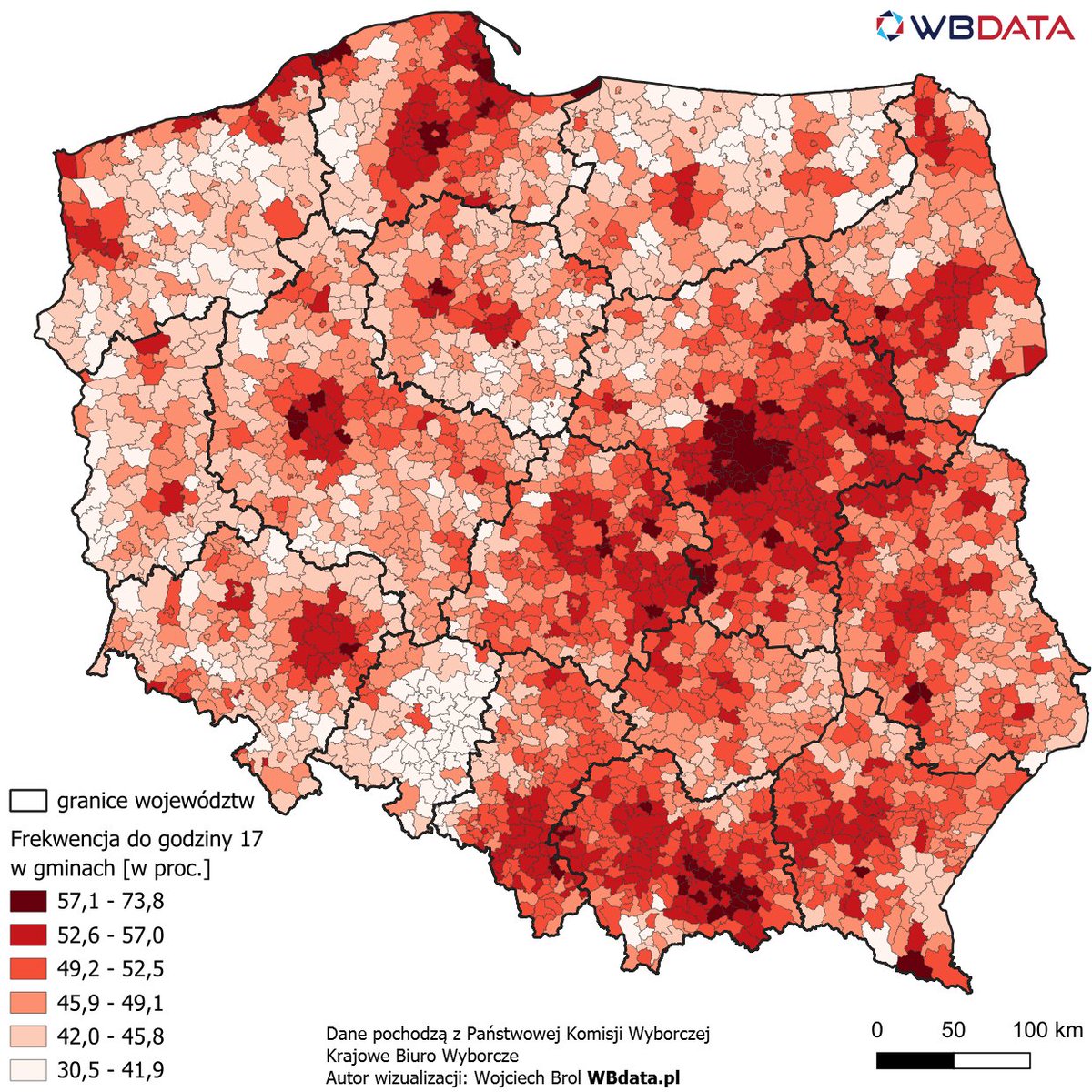 wbdata's tweet image. Frekwencja do godziny 17 #WyboryPrezydenckie2025 #Wybory2025 #mapywyborcze mapy będą tu: wbdata.pl/mapy-wyborcze-…