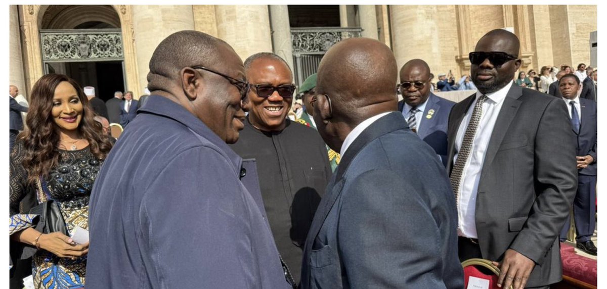 RHopealive's tweet photo. President Tinubu, Peter Obi, the Labour Party's presidential candidate, and former Ekiti Governor Kayode Fayemi met at the installation Mass of Pope Leo XIV on Sunday in Rome. https://t.co/V9yXIS3KzO