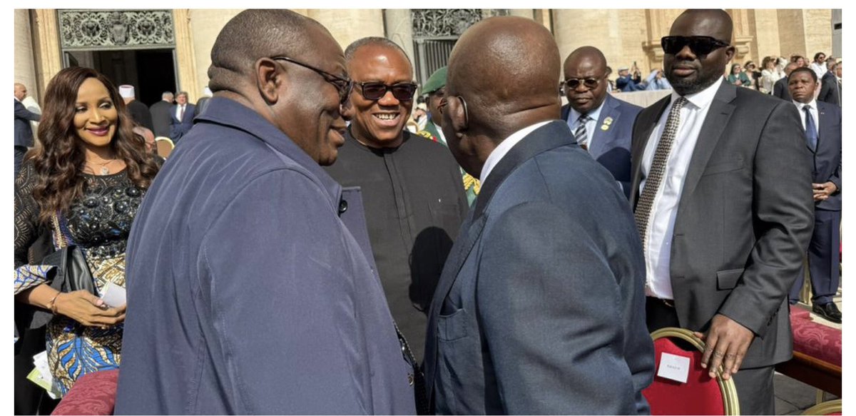 RHopealive's tweet photo. President Tinubu, Peter Obi, the Labour Party's presidential candidate, and former Ekiti Governor Kayode Fayemi met at the installation Mass of Pope Leo XIV on Sunday in Rome. https://t.co/V9yXIS3KzO