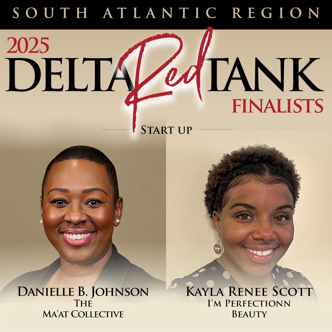Congratulations to our SENSATIONAL Sorors, Danielle B. Johnson and Kayla Renee Scott, on being chosen as finalists in this year’s Delta Red Tank! 🔺

We’re cheering you on as you represent the South Atlantic Region at the 57th National Convention! #SensationalSAR #DeltaRedTank