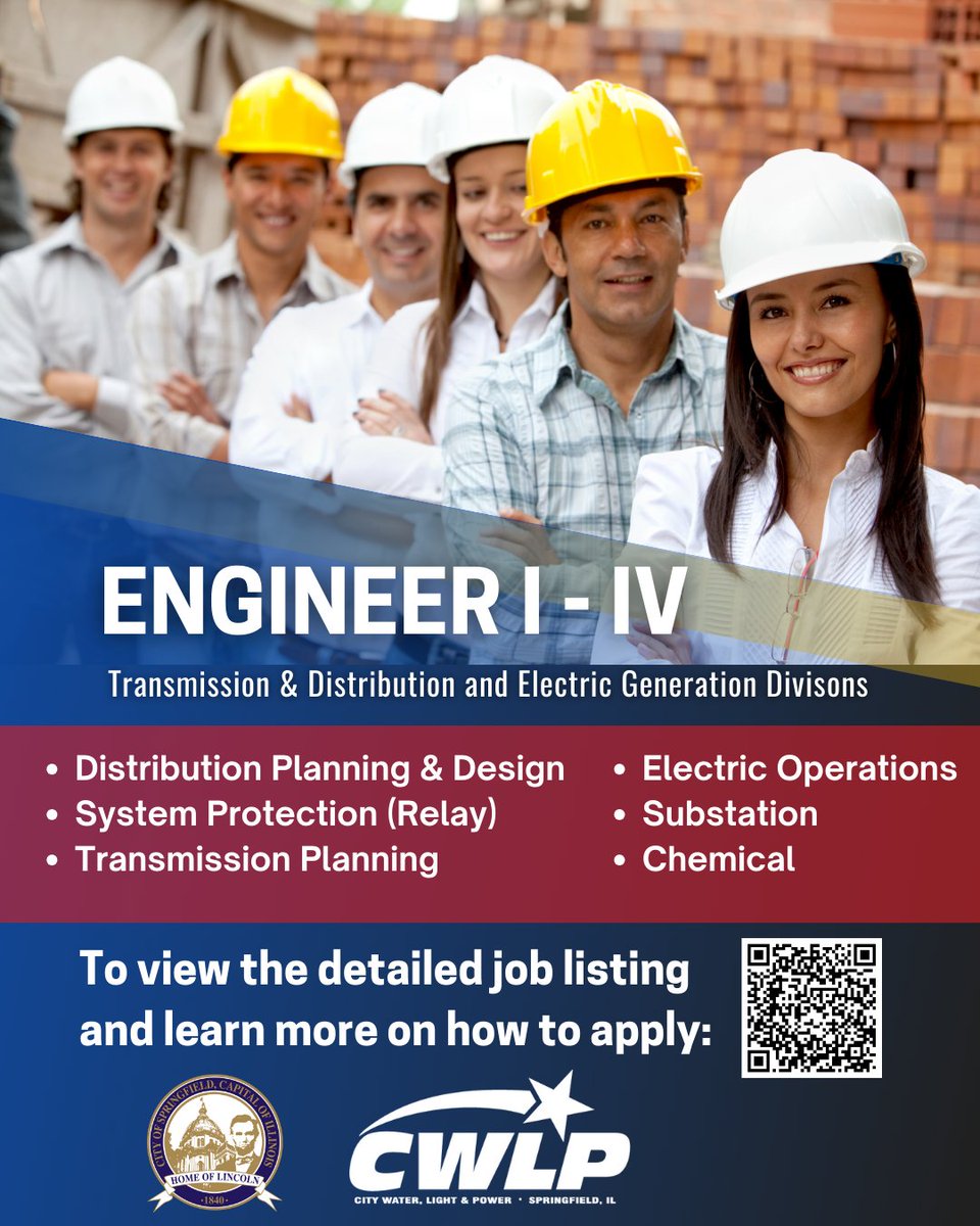 CWLP_'s tweet photo. Hiring Engineers at all experience levels to fill multiple Engineer positions in the Electric Transmission & Distribution (T&D) and Electric Generation Divisions. https://t.co/52bd8kUL7R #cwlp #engineers #applytoday #teamcwlp https://t.co/nZyR3lUAbm