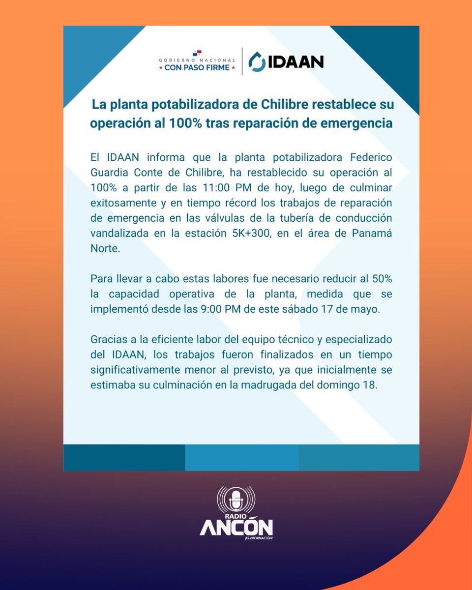 radioanconpa's tweet image. IDAAN culminó reparaciones en Chilibre y presentará denuncia ante el Ministerio Público por actos de vandalismo. Rechazaron enérgicamente los hechos y exigen investigar a los responsables.