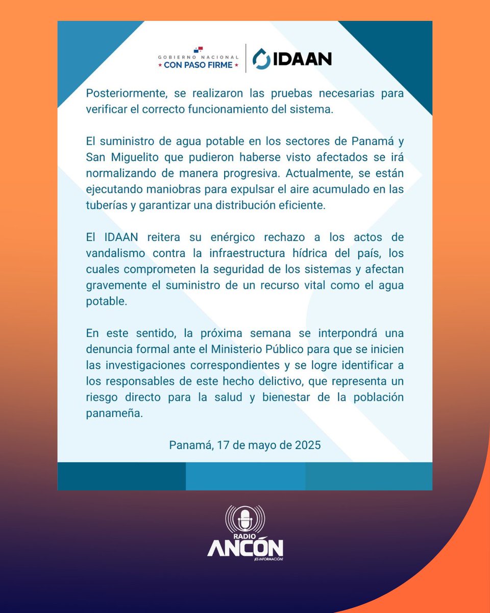 radioanconpa's tweet image. IDAAN culminó reparaciones en Chilibre y presentará denuncia ante el Ministerio Público por actos de vandalismo. Rechazaron enérgicamente los hechos y exigen investigar a los responsables.