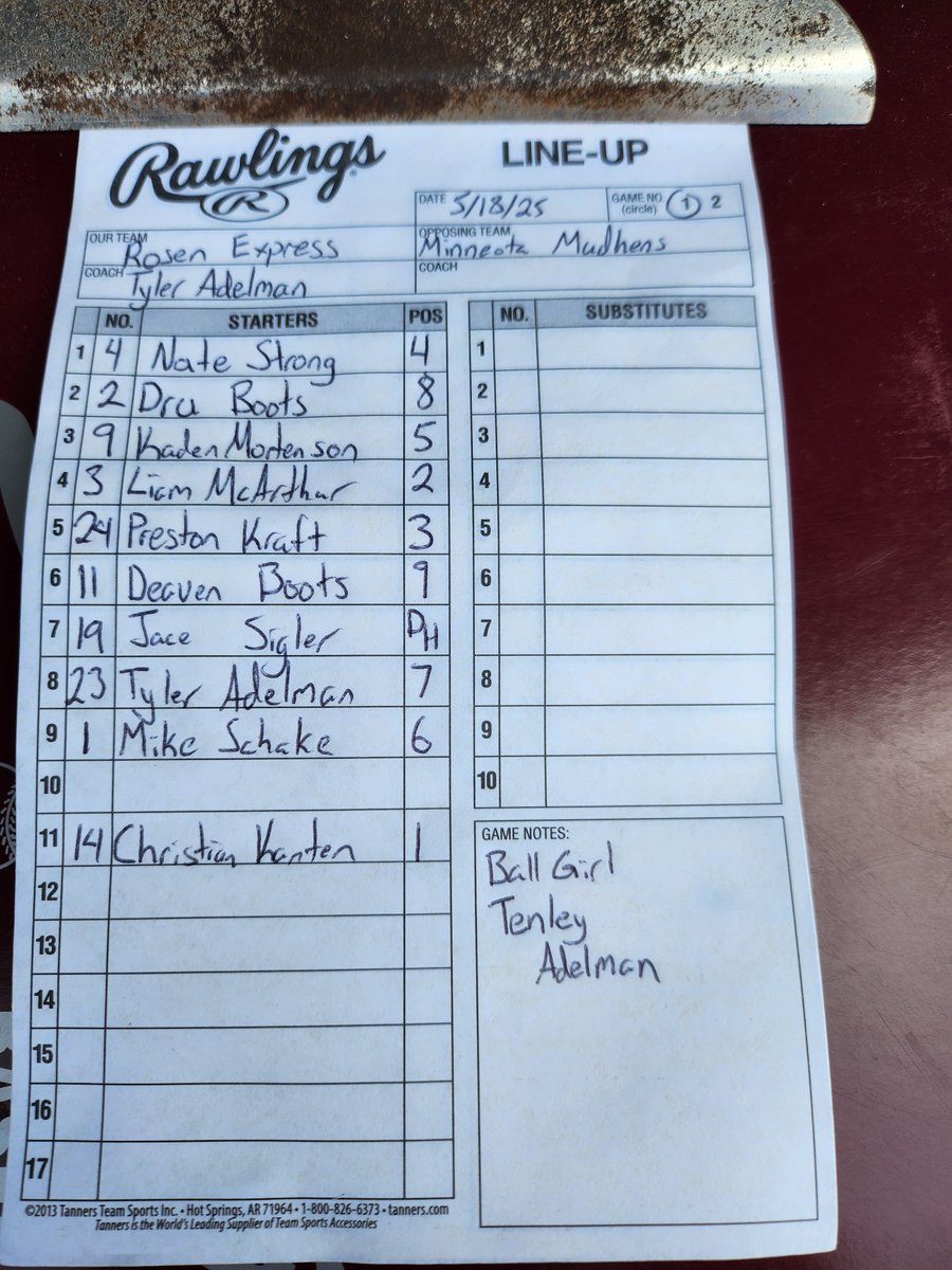 RosenExpress's tweet photo. Rosen's lineup vs @MinneotaMudhens. First pitch slated for 2 in Minneota. https://t.co/q9d6D7tMze