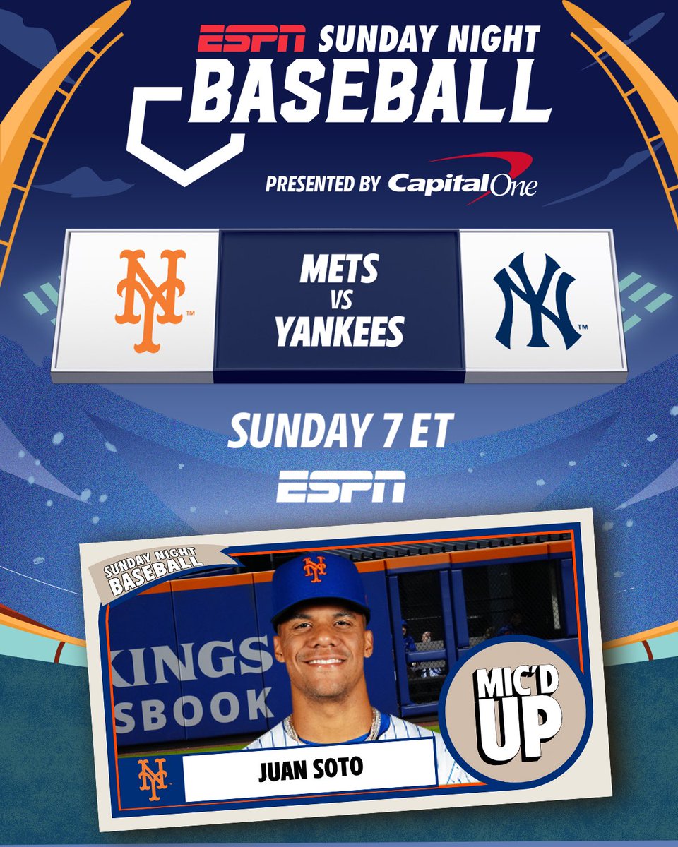 ESPN PR (@espnpr) on Twitter photo Sunday, <a href="/Mets/">New York Mets</a> outfielder Juan Soto will be mic'd up for a live in-game conversation in the top of the second inning
βΎοΈ 7p ET | #LGM vs #RepBX | ESPN
#SundayNightBaseball Sunday, <a href="/Mets/">New York Mets</a> outfielder Juan Soto will be mic'd up for a live in-game conversation in the top of the second inning
βΎοΈ 7p ET | #LGM vs #RepBX | ESPN
#SundayNightBaseball