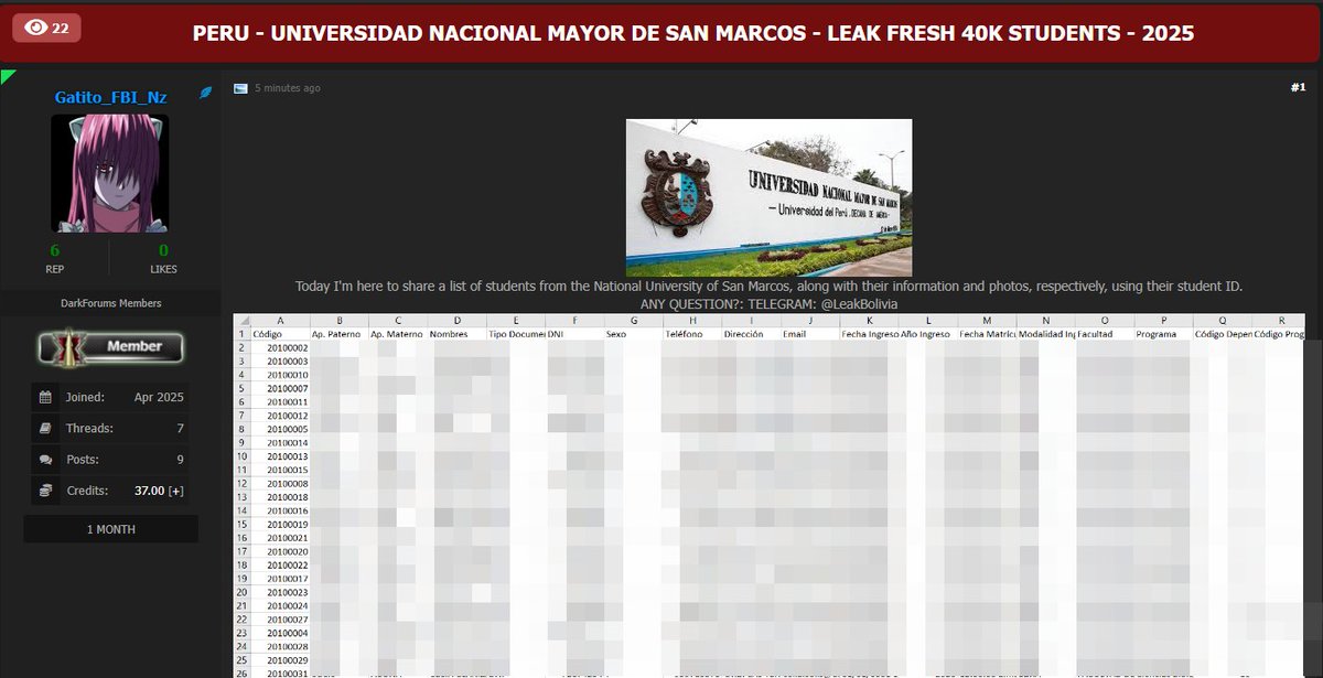 Alph4_Sec's tweet photo. 🚨 Data Leak | Universidad Nacional Mayor de San Marcos (UNMSM) | Exposición de Datos de 40 000 Estudiantes | 🇵🇪

🔍 Detalles:
Al parecer el actor Gatito_FBI_Nz ha publicado el listado de información y fotos de 40 000 estudiantes de la UNMSM, extraída directamente del Sistema Único de Matrícula. Previamente, el usuario SistemOFFdown había divulgado unas imágenes parciales de esta filtración, pero ahora Gatito_FBI_Nz, ha publicado la información completa.

📂 Datos comprometidos:
· Códigos de estudiante
· Nombres completos
· Fotografías de carnet
· Otra información personal asociada a cada ID

�� Impacto:
· Elevado riesgo de suplantación de identidad y phishing dirigido.
· Vulnerabilidad en la privacidad de miles de alumnos y exalumnos.
· Daño reputacional para la universidad y posible incumplimiento de la normativa de protección de datos.

⚠️ Recomendaciones:
· Notificar inmediatamente a los estudiantes afectados y al ente regulador (SUNEDU/INDECOPI).
· Revocar cualquier acceso interno expuesto y reforzar la autenticación (MFA).
· Cifrar las bases de datos de matrícula y limitar accesos por rol.
· Realizar una auditoría forense para identificar y cerrar vectores de filtración.

#Ciberseguridad #DataLeak #UNMSM #Privacidad #ProtecciónDeDatos #Perú #UniversidadNacionalMayordeSanMarcos