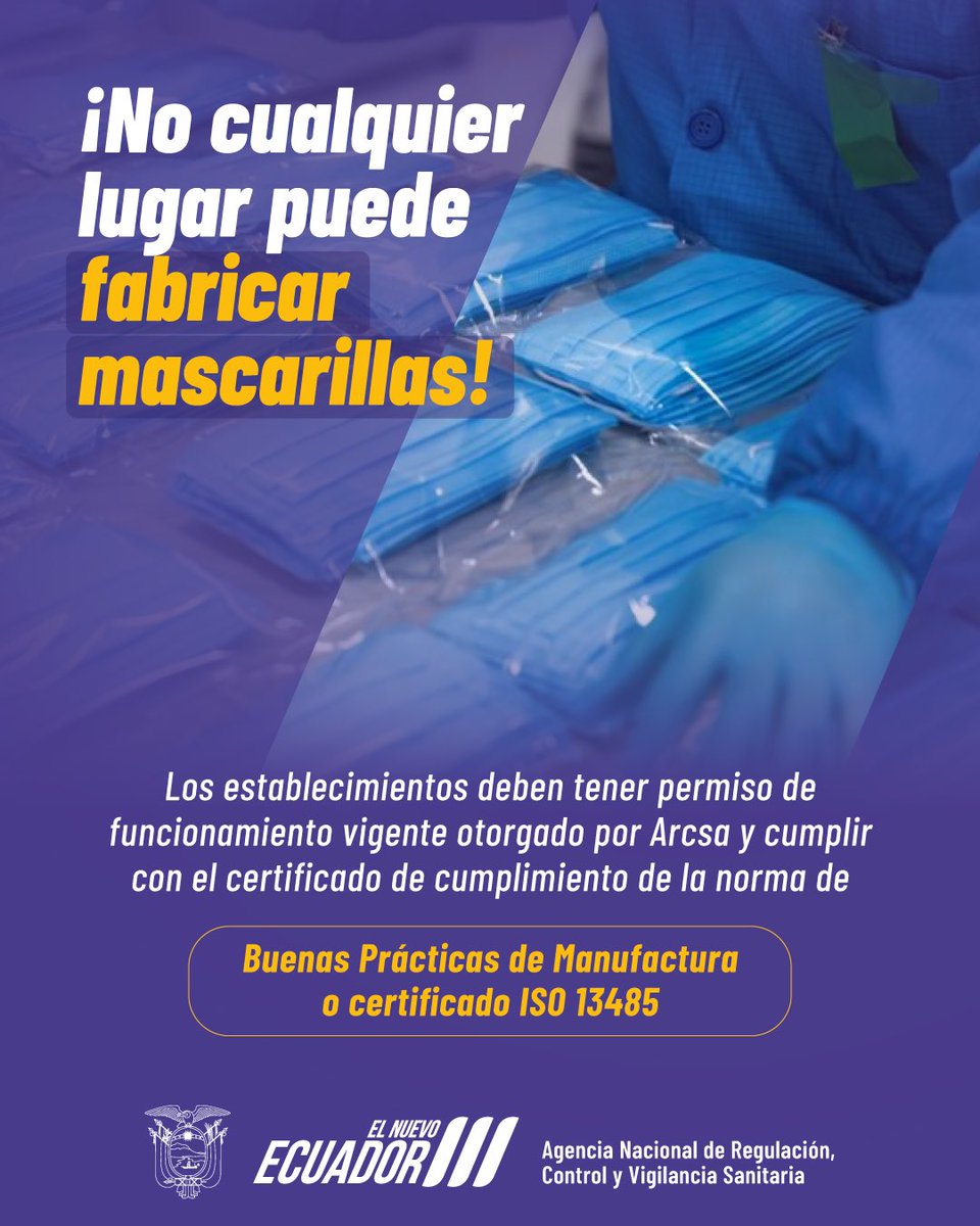¿Sabías que no cualquiera puede fabricar mascarillas? ⚠️😷

Para cuidar tu salud, solo deben hacerlo lugares autorizados por #Arcsa y con estándares de calidad como las Buenas Prácticas de Manufactura o el certificado ISO 13485.

#ArcsaEsSalud ✅
#ElNuevoEcuador 🇪🇨