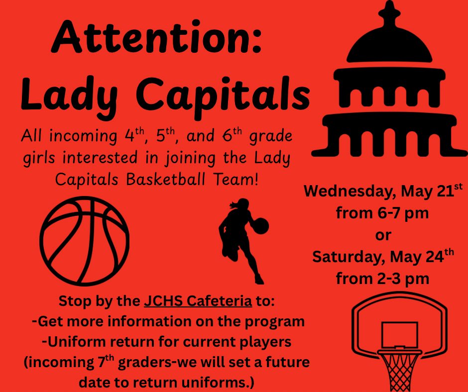 Incoming 4th, 5th, and 6th graders interested in becoming a Lady Capital—see you on Wednesday or Saturday! ❤️🏀🖤