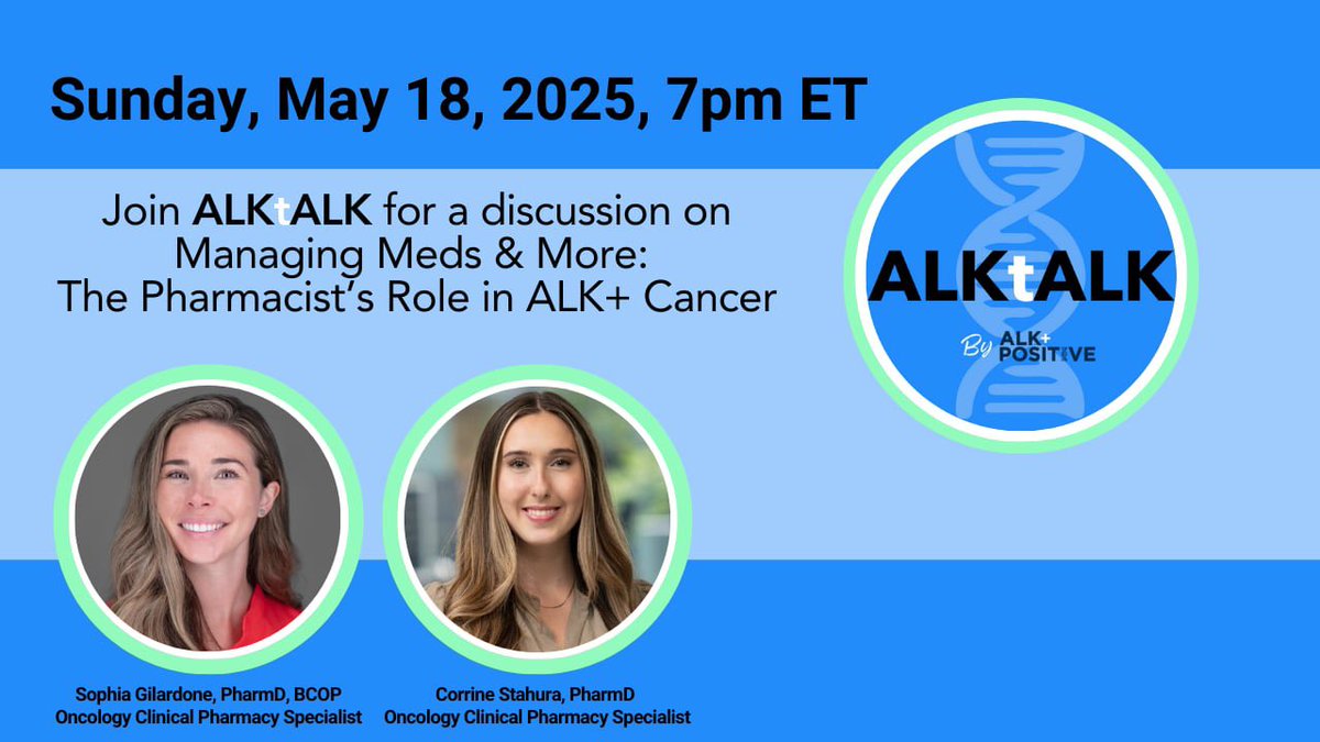 ALK Positive (@alkpositiveinc) on Twitter photo Join our ALKtALK tonight 5/18 at 7PM ET
Featuring oncology pharmacists Dr Sophia Gilardone & Dr Corrine Stahura from <a href="/PennMedicine/">Penn Medicine</a>.
Weāre talking meds, interactions & whole-person care in ALK+ #lungcancer.
Get insights, ask your Qs & feel more informed alkpositive.org/living-with-alā¦. Join our ALKtALK tonight 5/18 at 7PM ET
Featuring oncology pharmacists Dr Sophia Gilardone & Dr Corrine Stahura from <a href="/PennMedicine/">Penn Medicine</a>.
Weāre talking meds, interactions & whole-person care in ALK+ #lungcancer.
Get insights, ask your Qs & feel more informed alkpositive.org/living-with-alā¦.