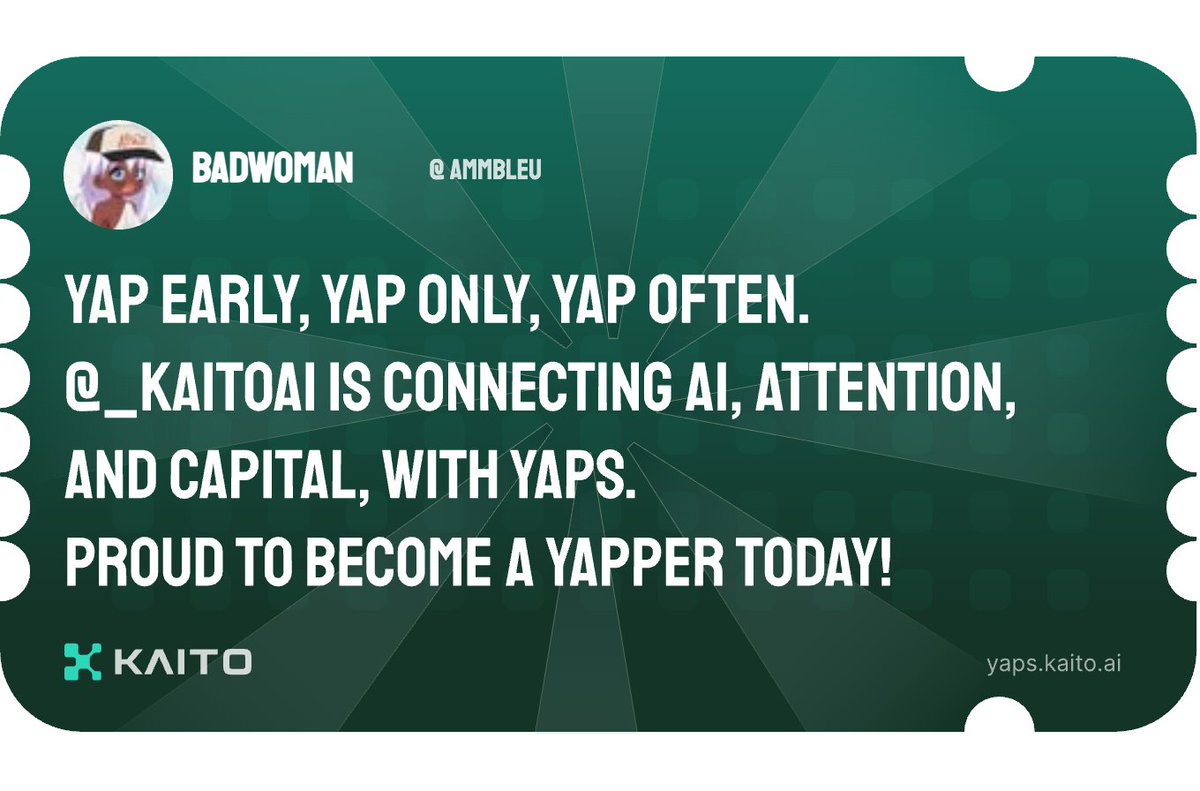 AmmBleu's tweet photo. Yap early, yap only, yap often.

@KaitoAI is connecting AI, attention and capital with Yaps.

Just claimed my social card and I'm accumulating Yap points in real-time.

Claim yours 👉 https://t.co/TZuYdIwL2Z https://t.co/NmxqKUB81I
