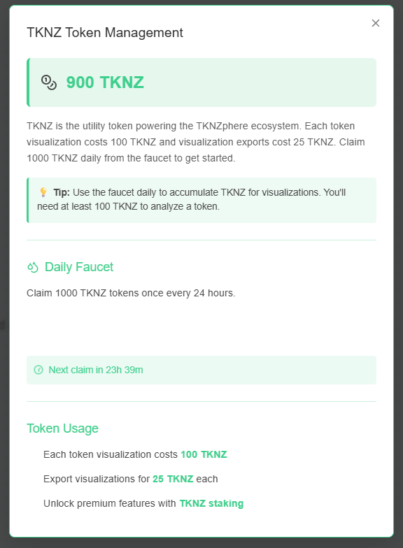 SammmXBT's tweet photo. Built TKNZphere for the buildathon hosted by @tknzfun @devfun @buidldao_ 

TKNZphere visualizes the top 100 holders of any given Solana token and provides in-depth analysis of the token.  

How does it work?
1. Claim token from the faucet (daily, click on the TKNZ green balance button) 
2. Search a Solana token hit the visualize button (cost tokens) 
3. Explore the top 100 holder by clicking on a node or from the distribution tab  

Other features
1. Dark mode (click on the moon icon) 
2. Guide on how to use TKNZphere (click on the paper icon) 
3. Export the visualization (optional note: also cost token)  

TKNZ is all about tokenizing, and this is my take on how tokenize an app that can be used by many people.
  
Try here:  https://t.co/edLdMGmRd5