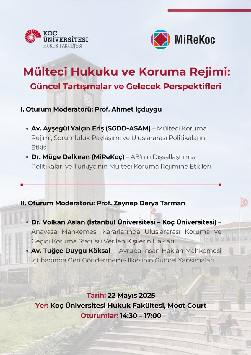 Koç Üniversitesi Hukuk Fakültesi ve MiReKoç ortaklığında “Mülteci Hukuku ve Koruma Rejimi: Güncel Tartışmalar ve Gelecek Perspektifleri” başlıklı çalıştay 22 Mayıs perşembe günü gerçekleşecek. İlgililerine duyurulur.