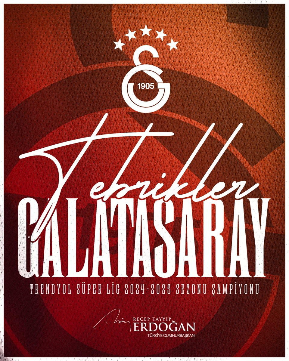 Recep Tayyip Erdoğan (@rterdogan) on Twitter photo 2024-2025 Süper Lig Şampiyonu olan Galatasaray futbol takımını, teknik heyetini ve tüm <a href="/GalatasaraySK/">#5YıldızlıŞampiyon ⭐️⭐️⭐️⭐️⭐️</a> camiasını yürekten tebrik ediyorum. 2024-2025 Süper Lig Şampiyonu olan Galatasaray futbol takımını, teknik heyetini ve tüm <a href="/GalatasaraySK/">#5YıldızlıŞampiyon ⭐️⭐️⭐️⭐️⭐️</a> camiasını yürekten tebrik ediyorum.