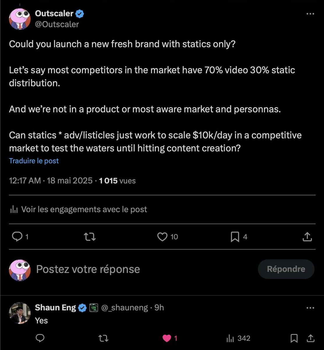 Tu peux scale à $10K+/day juste avec des statics, vu que les créas c’est le vrai pb des dropshippers

Shaun le GOAT l’a dit,
→ si tu comprends vraiment ton persona
→ ses désirs profonds
→ le niveau de sophistication du marché

Alors chaque block de ta créa peut s’emboîter