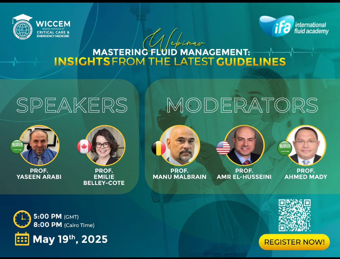 Yaseen Arabi (@yaseenarabiya) on Twitter photo Stay ahead in clinical practice!
Join us on Webinar: Mastering Fluid Management – Insights from the ESICM Guidelines.
🗓️ May 19th, 2025 
🕔 5:00 PM GMT / 8:00 PM Riyadh Time
Register now: bit.ly/3YvNo86
#FluidManagement #CriticalCare Stay ahead in clinical practice!
Join us on Webinar: Mastering Fluid Management – Insights from the ESICM Guidelines.
🗓️ May 19th, 2025 
🕔 5:00 PM GMT / 8:00 PM Riyadh Time
Register now: bit.ly/3YvNo86
#FluidManagement #CriticalCare