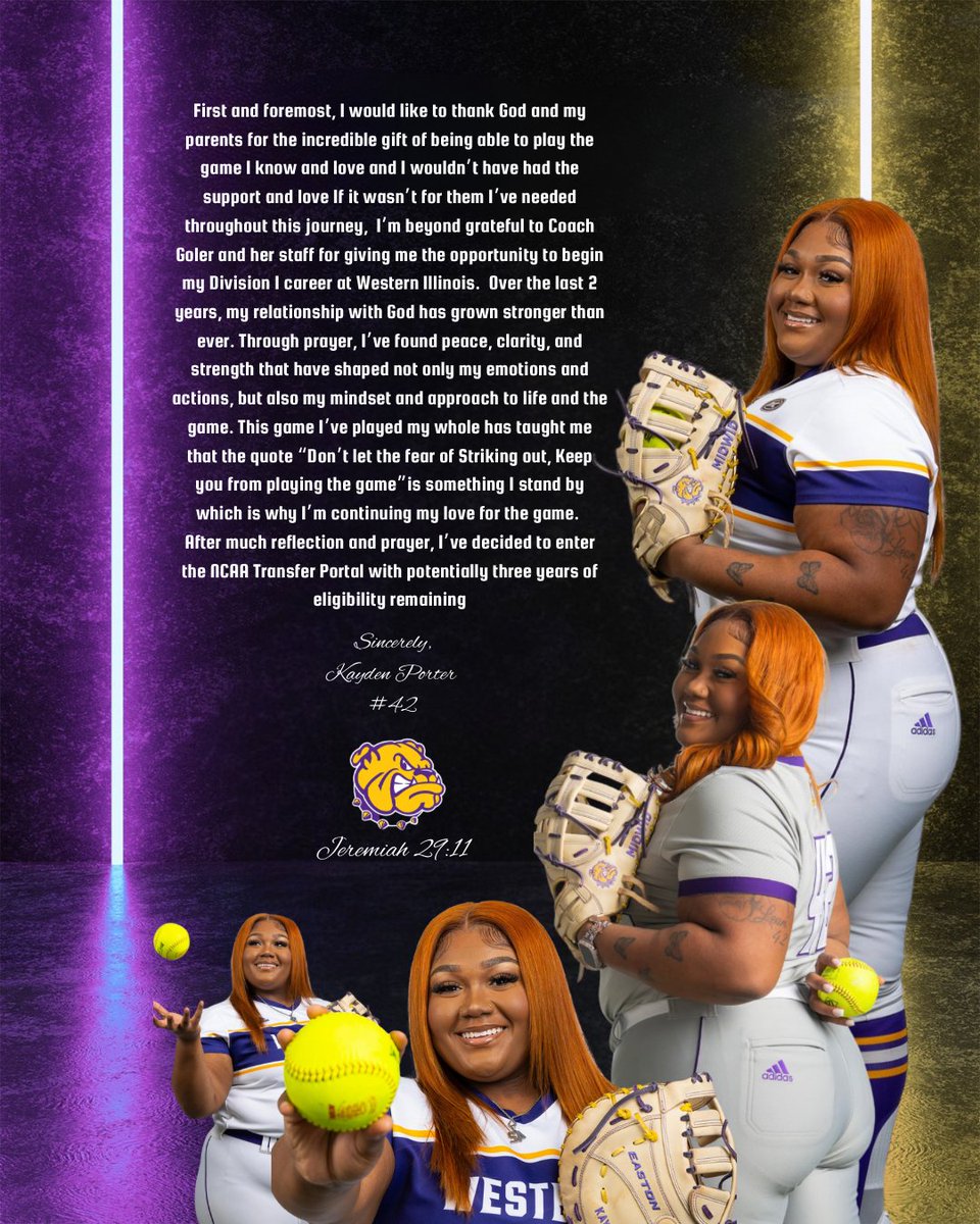 KaydenPorter6's tweet photo. I have officially been entered in the softball portal.  With 3 years of eligibility and pure dedication to my education and the game, I look forward to my next chapter.  With God and my family by my side I will trust God's plan. 
Kayden Porter
708-261-5381
 @SoftballPortal https://t.co/ALV7EppsjS