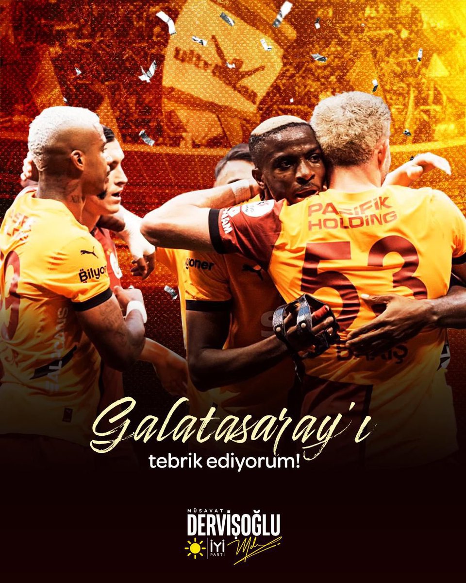 2024-2025 sezonunda, bugün aldığı galibiyetle 25. şampiyonluğunu ilan eden Galatasaray’ı tebrik ediyorum.

Şampiyonluğun mimarları olan futbolcuları, teknik heyeti, yönetimi ve taraftarını yürekten kutluyorum.