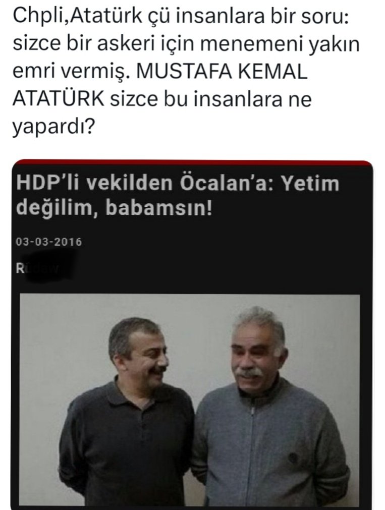 <a href="/cumhuriyetgzt/">Cumhuriyet</a> Sen ATATÜRK çü filan değilsin. Atatürk çülüğün adını kirletip Atatürk çülüğü bitirmeye uğraşan, Rte ye çalışan birirsin. Farkındayız..Bugün bebe katilinin oğluna, yarın asker,öğretmen katili apoya övgüler düzersin. UTAN ve YIKIL 😡.