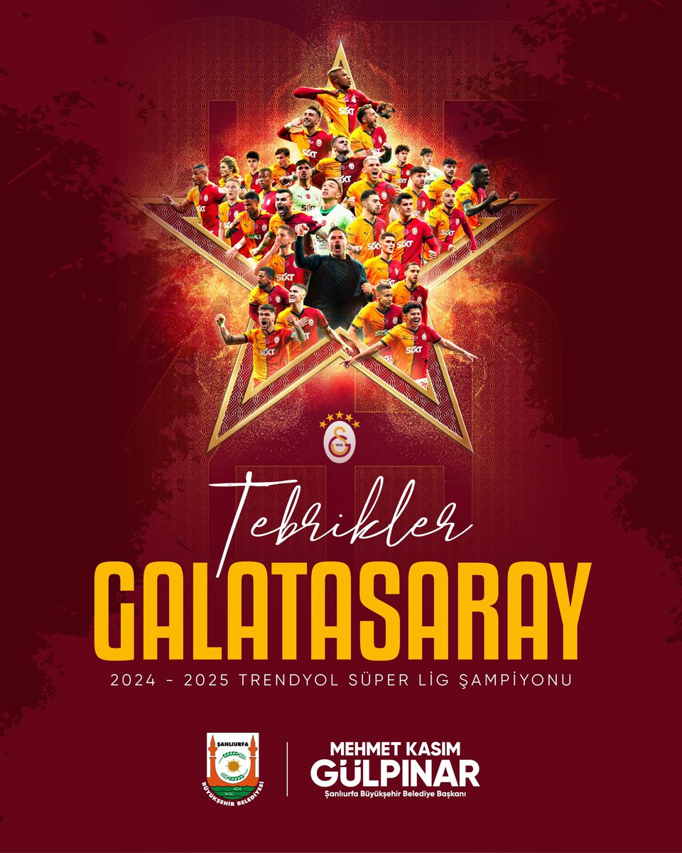 sanliurfabld's tweet photo. 2024-2025 Trendyol Süper Lig sezonunu şampiyon olarak tamamlayan Galatasaray Spor Kulübü’nü tebrik ediyoruz. https://t.co/DftKifgdxS