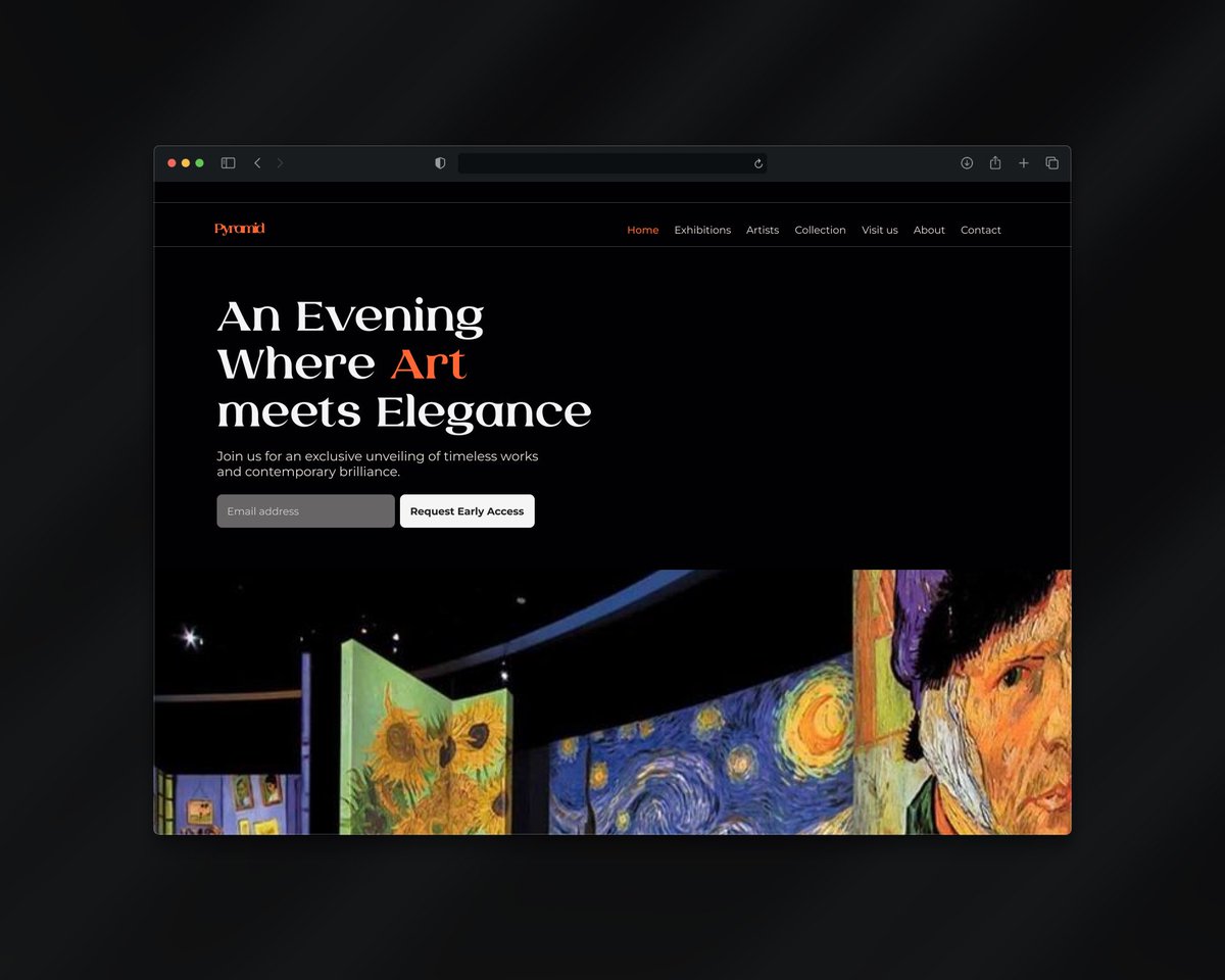 nessawithlove's tweet image. Day 6.
Hero section of an art gallery landing page.  A WIP.

The goal is to make the hero section reflect the luxury of the Gallery and the exclusivity of the event. 
Make a captivating first impression  on users + a clear CTA. 

#30daysofdesign