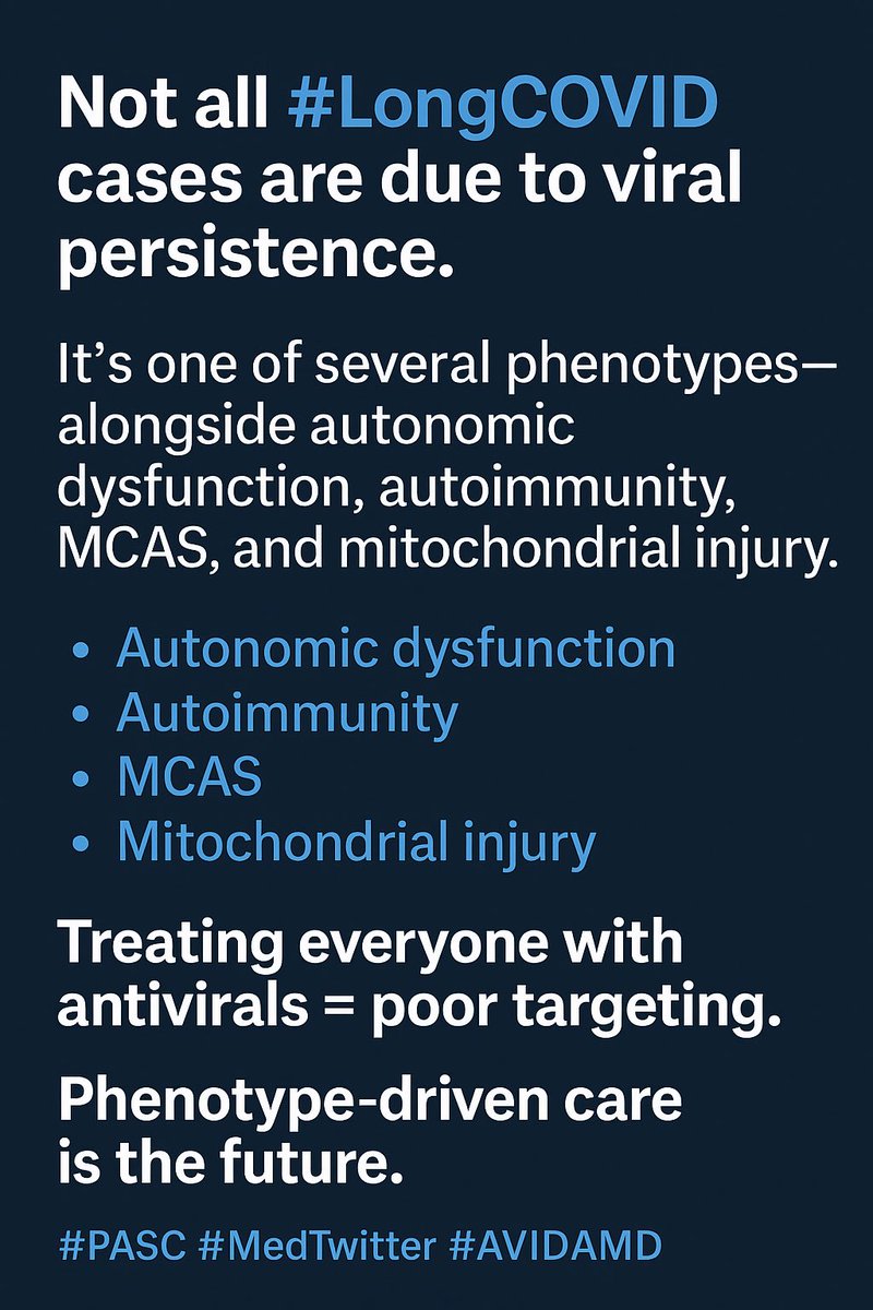 MdAntonatos's tweet image. Not all #LongCOVID cases are due to viral persistence.

It’s one of several phenotypes—alongside autonomic dysfunction, autoimmunity, MCAS, and mitochondrial injury.

Treating everyone with antivirals = poor targeting.
Phenotype-driven care is the future. #PASC #Text2md #AVIDAMD
