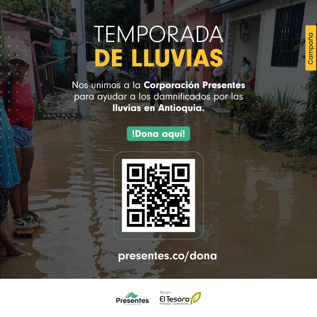 💧 #TemporadaDeLluvias2025
Miles de familias en Antioquia se han visto afectadas por las fuertes lluvias de las últimas semanas. Desde El Tesoro nos unimos a <a href="/Presentesco/">Presentes</a> para invitarte a ser parte de esta campaña solidaria.

Tu aporte, puede marcar la diferencia.
💚