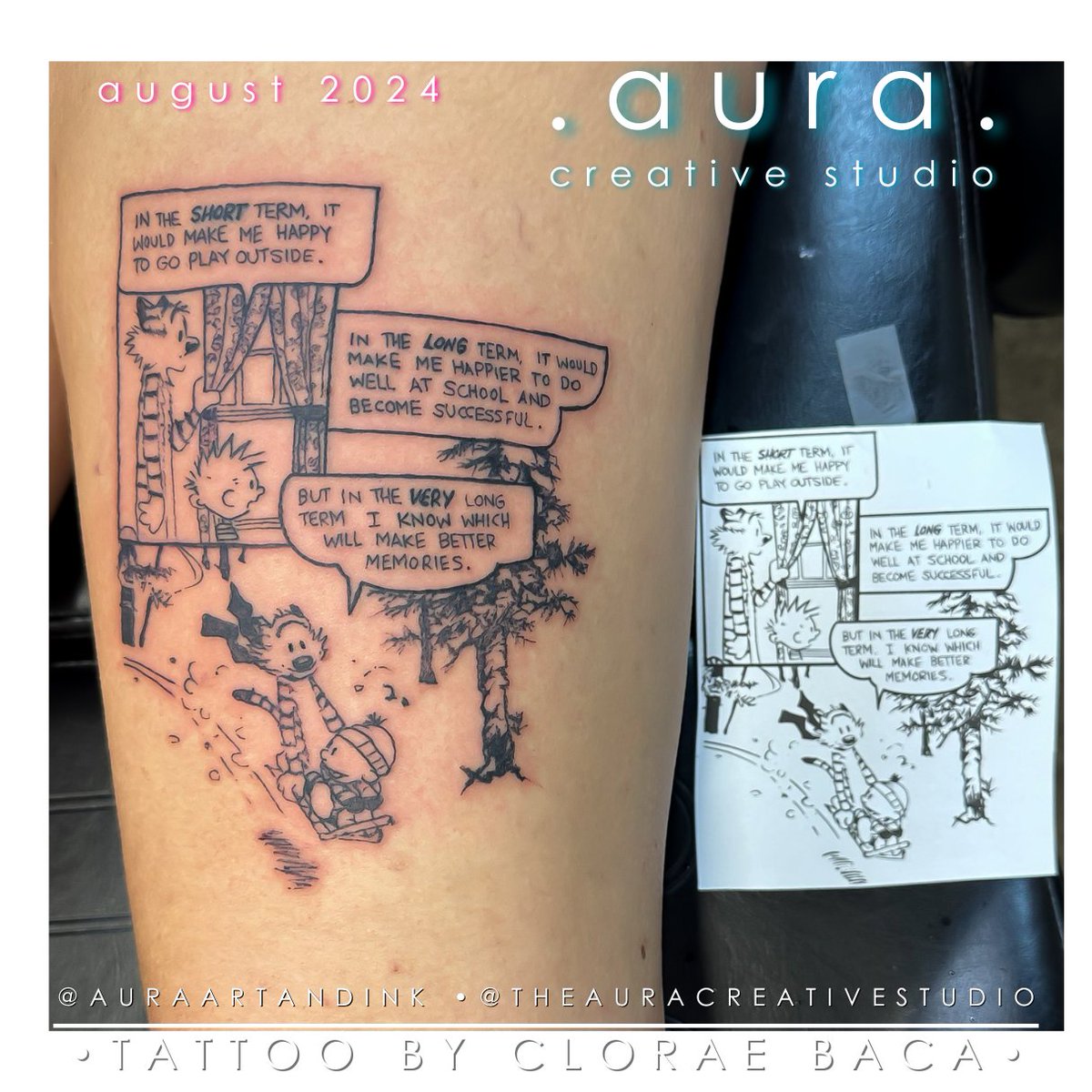 clorae's tweet photo. Super honored to do this #CalvinAndHobbes  piece on Dana inspired by her adorable, imaginative youngest son, who is JUST like Calvin.
 #auraartandink #auracreativestudio #millcreektattoo #seattletattoo #bothelltattoo #snohomishtattoo #comicbooktattoo #calvinandhobbestattoo https://t.co/YjpDQ3oEIr