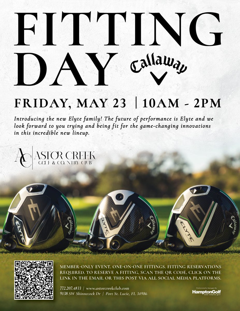 Introducing the new Elyte family! 

🏌️ Callaway Fitting Day
Friday, May 23 | 10AM - 2PM

Member-only event. One-on-one fittings. Fitting reservations required. To reserve a fitting, please visit: bit.ly/3YG4rEc