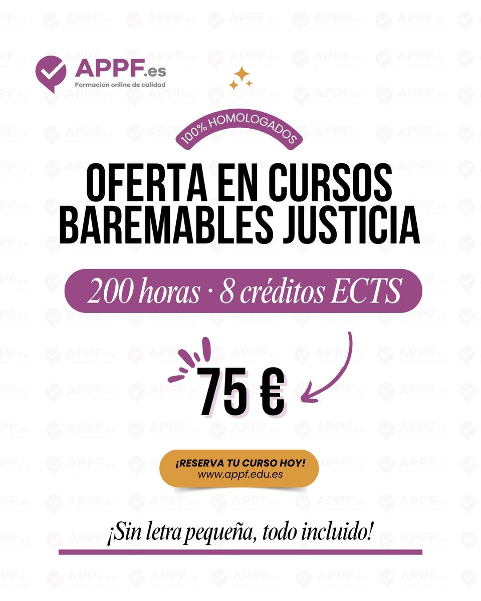 🚨 Opositores de Justicia, esto os interesa:
💥 200h + 8 ECTS por solo 75€
✅ Curso homologado, baremable y SIN letra pequeña.
Todo incluido. Sin sorpresas.
Entra ya 👉 appf.edu.es
#APPF #OposicionesJusticia #CursosHomologados