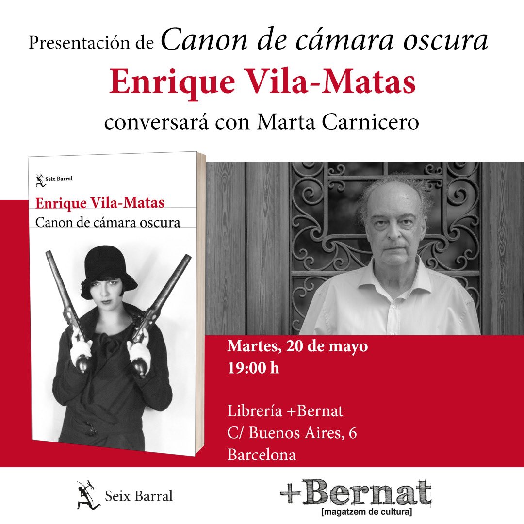 💫 Mirad qué lujo….
Vila-Matas <a href="/TomMir7/">Enrique Vila-Matas / Web</a> con Marta Carnicero <a href="/CarniceroMarta/">𝙼𝚊𝚛𝚝𝚊 𝙲𝚊𝚛𝚗𝚒𝚌𝚎𝚛𝚘 𝙷𝚎𝚛𝚗𝚊𝚗𝚣</a> en la +Bernat <a href="/libreriabernat/">Librería +Bernat</a> en Barcelona este martes conversarán sobre #CanondeCamaraOscura 
<a href="/Seix_Barral/">Seix Barral</a>