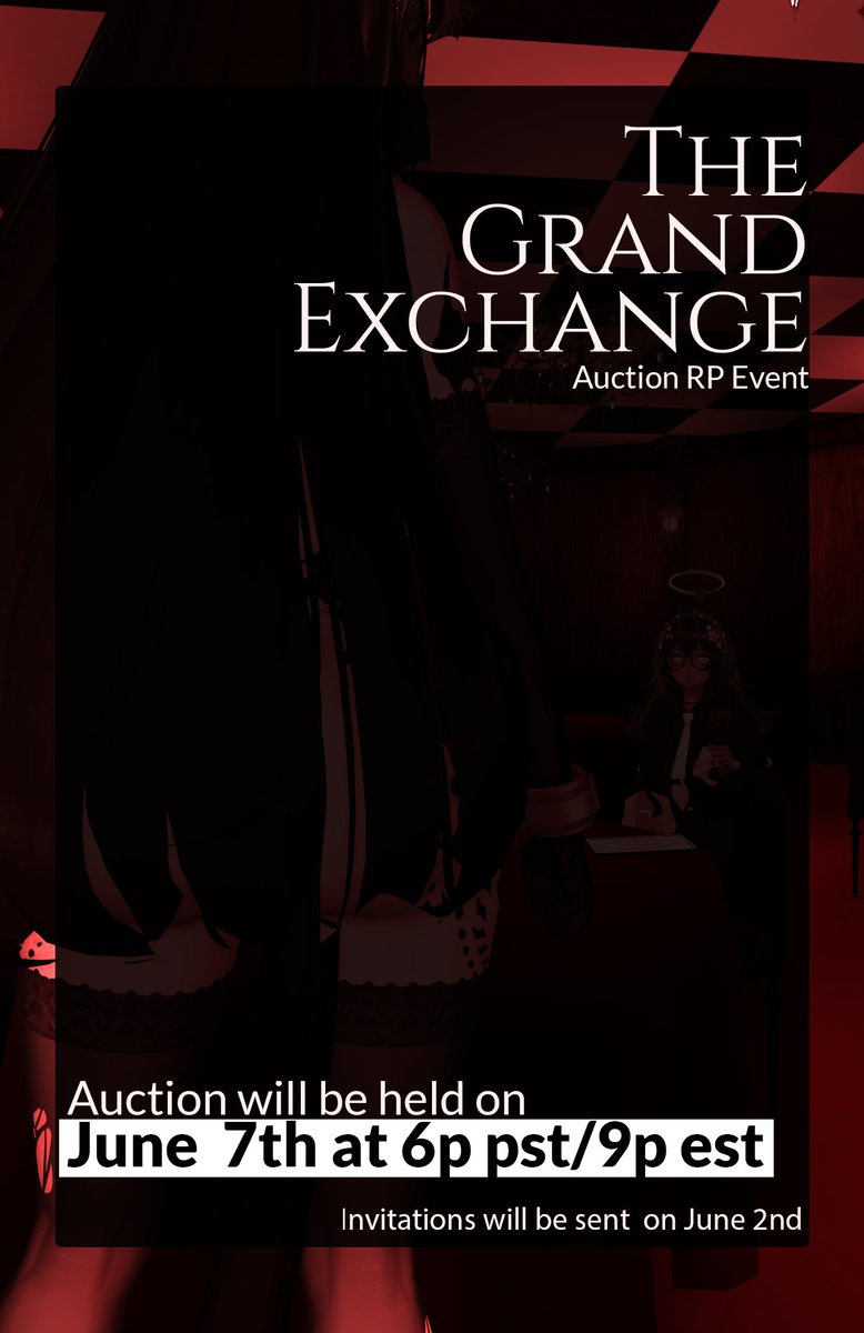 haruinvr's tweet image. 【Grand Opening Event】
VRChat RP Event
📜You have been cordially invited to participate in our exclusive auction containing a rare collection of creatures rarely seen or experienced by man. . .📜
RSVP here🖊️
forms.gle/Ln9Yozwwxcq6F6…
#GrandExchangeVRC