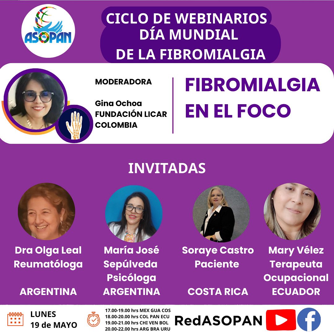 Asopan (@redasopan) on Twitter photo No te pierdas mañana un nuevo webinar de mayo.
Desde las 17.00 hrs de México estaremos con médicas y pacientes hablando de FIBROMIALGIA.
El evento será moderado por Gina Ochoa de <a href="/fundacionlicar2/">Fundación LICAR</a> y lo podrás ver desde nuestro Facebook y YouTube.
Facebook.com/RedAsopan No te pierdas mañana un nuevo webinar de mayo.
Desde las 17.00 hrs de México estaremos con médicas y pacientes hablando de FIBROMIALGIA.
El evento será moderado por Gina Ochoa de <a href="/fundacionlicar2/">Fundación LICAR</a> y lo podrás ver desde nuestro Facebook y YouTube.
Facebook.com/RedAsopan