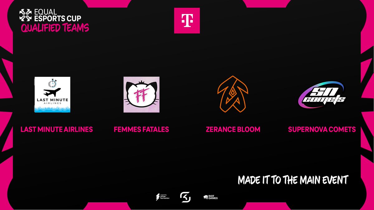 We have our 4 advancing teams from the Open Qualifiers of #EQUALESPORTSCUP 🔥

Last Minute Airlines, Femmes Fatales, Zerance Bloom and Supernova Comets will participate alongside our invited teams in July!