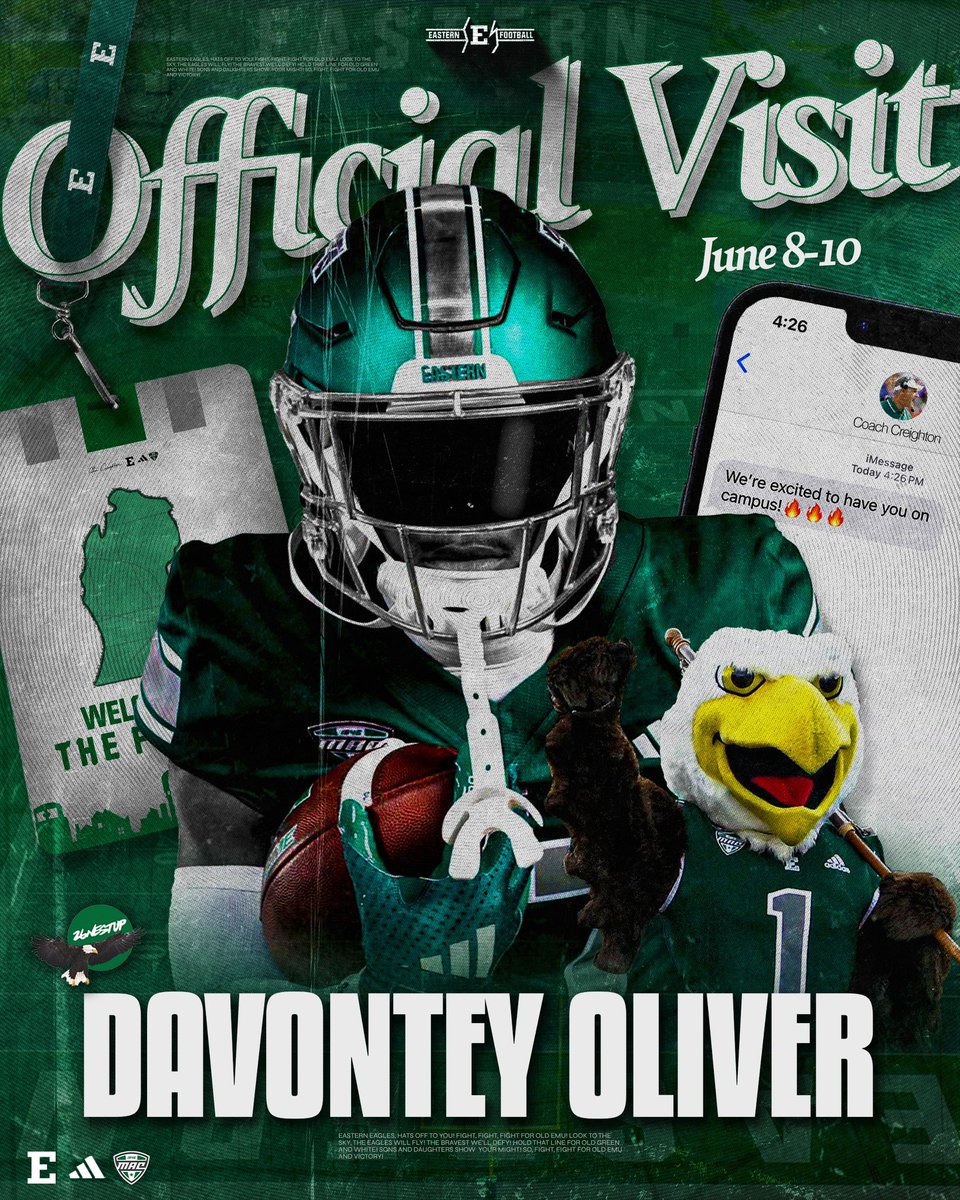 Davontey Oliver (@oliverdavontey) on Twitter photo Blessed! I will be taking my official visit to <a href="/EMUFB/">Eastern Michigan Football</a> on June 8th-10th. Go Eagles! <a href="/Coach_Gonzo1357/">Alex Gonzalez</a> <a href="/CoachTinsley_SC/">Greg Tinsley</a> <a href="/Coach_Sime81/">Coach Sime</a> <a href="/ste_leggett/">Coach Leggett</a> <a href="/SCanyonsFB/">Somerset Canyons Football</a> <a href="/Coach_Creighton/">Chris Creighton</a> <a href="/CoachTee34/">Kasey Teegardin</a> <a href="/CoachOmli/">Tate Omli</a> @EspnTop63 <a href="/EraPrep/">New Era Prep</a> Blessed! I will be taking my official visit to <a href="/EMUFB/">Eastern Michigan Football</a> on June 8th-10th. Go Eagles! <a href="/Coach_Gonzo1357/">Alex Gonzalez</a> <a href="/CoachTinsley_SC/">Greg Tinsley</a> <a href="/Coach_Sime81/">Coach Sime</a> <a href="/ste_leggett/">Coach Leggett</a> <a href="/SCanyonsFB/">Somerset Canyons Football</a> <a href="/Coach_Creighton/">Chris Creighton</a> <a href="/CoachTee34/">Kasey Teegardin</a> <a href="/CoachOmli/">Tate Omli</a> @EspnTop63 <a href="/EraPrep/">New Era Prep</a>