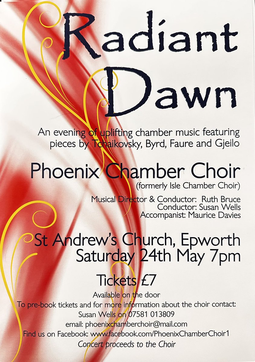 Gainsborough & Dist Arts Society (@arts_dist) on Twitter photo If you are anywhere close to Epworth next Saturday, 24th May, the Phoenix Chamber Choir have a concert in St Andrew’s Church at 7.00pm.  It promises to be a good one! If you are anywhere close to Epworth next Saturday, 24th May, the Phoenix Chamber Choir have a concert in St Andrew’s Church at 7.00pm.  It promises to be a good one!