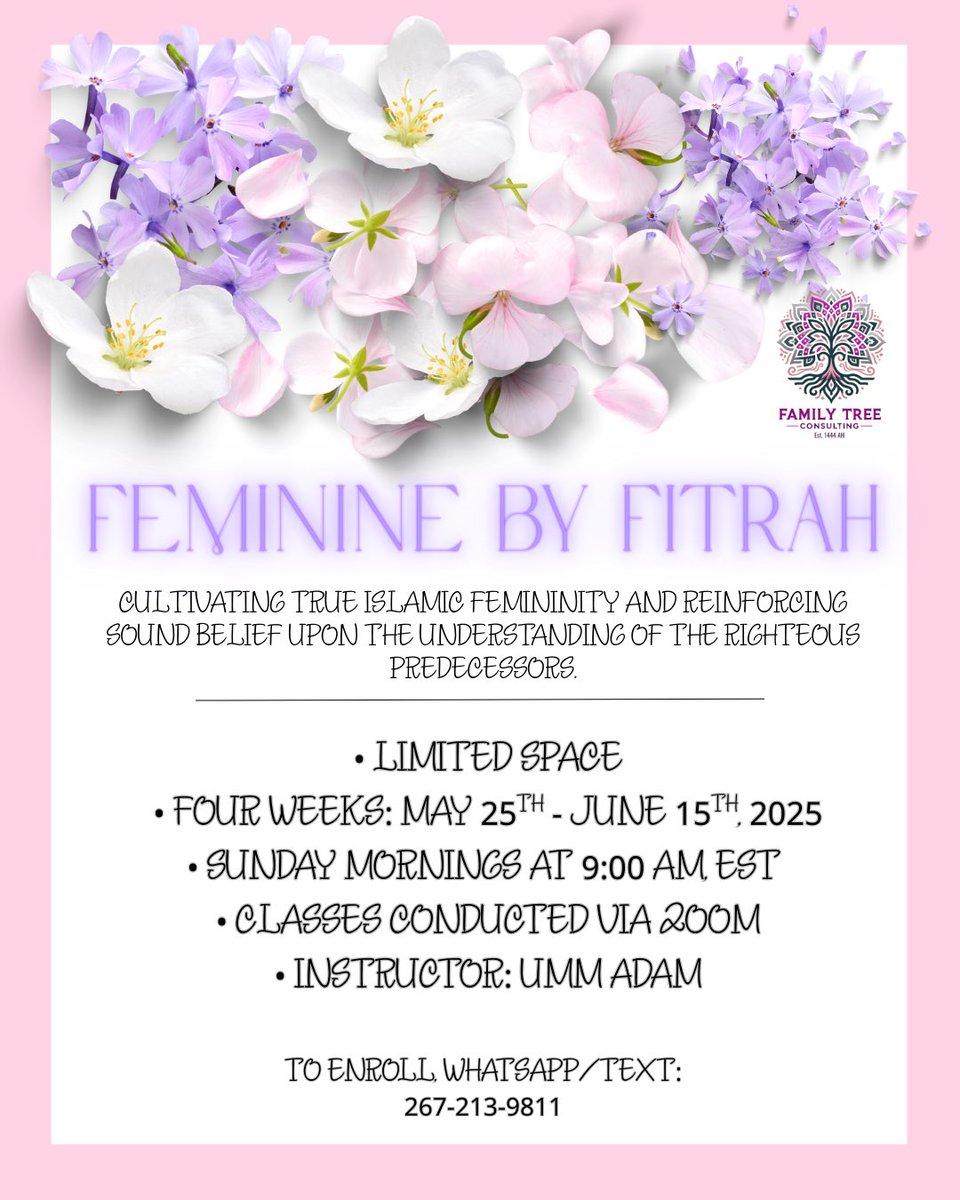 🔊 NEW FTC Women’s Class!

📝 Feminine by Fitrah

🗓️ Begins Next Sunday, 5-25-25 inshaAllah 

⏰ 9:00AM via Zoom

ℹ️ This is a four week course focusing cultivating true Islamic identity and reinforcing sound belief upon the understanding of the righteous predecessors. 

📲