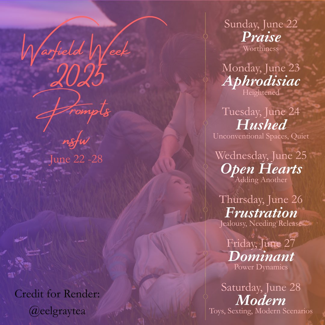 WarfieldWeek's tweet photo. WARFIELD WEEK PROMPTS ARE HERE

As we did last time, there are SFW and NSFW options! Either/or is totally fine and entirely up to you! We hope to see you there! #Cliji #CliveRosfield #JillWarrick #warfieldweek #finalfantasyxvi #finalfantasy16 #finalfantasy #FFXVI https://t.co/zzdfkbexJm