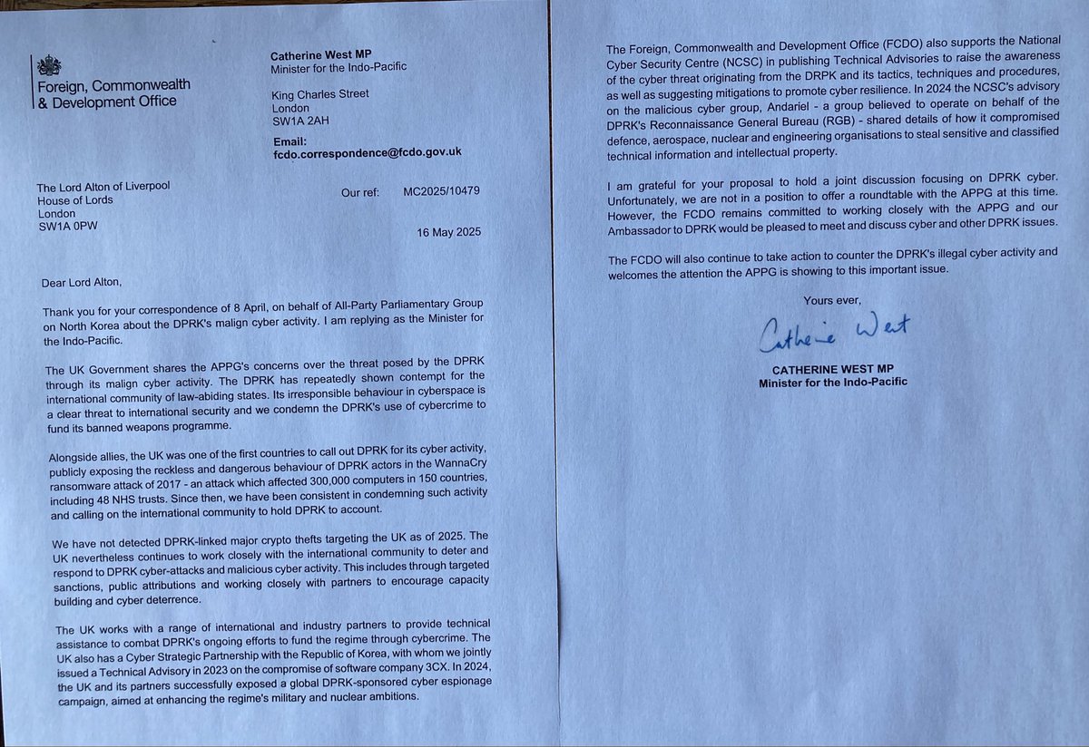 Lord (David) Alton (@davidaltonhl) on Twitter photo Reply from Minister <a href="/CatherineWest1/">Catherine West</a> about North Korean cyber threats and crypto currency thefts. <a href="/APPGNK2024/">APPG North Korea</a> <a href="/MPIainDS/">Iain Duncan Smith MP Chingford & Woodford Green</a> <a href="/dsnorthnorth/">David Smith MP š¹</a> <a href="/timfarron/">Tim Farron</a> <a href="/pmounstephen/">Philip Mounstephen</a> <a href="/CSW_UK/">CSW_UK</a> Reply from Minister <a href="/CatherineWest1/">Catherine West</a> about North Korean cyber threats and crypto currency thefts. <a href="/APPGNK2024/">APPG North Korea</a> <a href="/MPIainDS/">Iain Duncan Smith MP Chingford & Woodford Green</a> <a href="/dsnorthnorth/">David Smith MP š¹</a> <a href="/timfarron/">Tim Farron</a> <a href="/pmounstephen/">Philip Mounstephen</a> <a href="/CSW_UK/">CSW_UK</a>