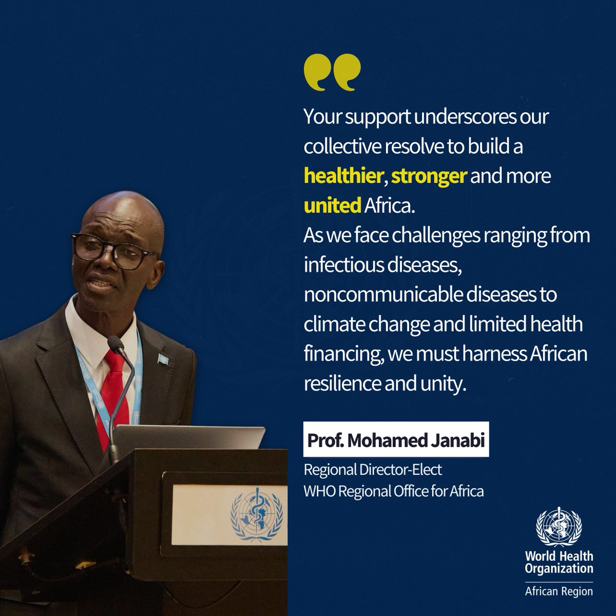 WHO African Region (@whoafro) on Twitter photo "Your support underscores our collective resolve to build a healthier, stronger and more united Africa."
<a href="/WHOAFRO/">WHO African Region</a> Regional Director-elect <a href="/ProfJanabi/">Prof. Mohamed Janabi</a> reaffirms his commitment to work with Member States and partners to advance #HealthForAll in the African Region.
Read more here "Your support underscores our collective resolve to build a healthier, stronger and more united Africa."
<a href="/WHOAFRO/">WHO African Region</a> Regional Director-elect <a href="/ProfJanabi/">Prof. Mohamed Janabi</a> reaffirms his commitment to work with Member States and partners to advance #HealthForAll in the African Region.
Read more here