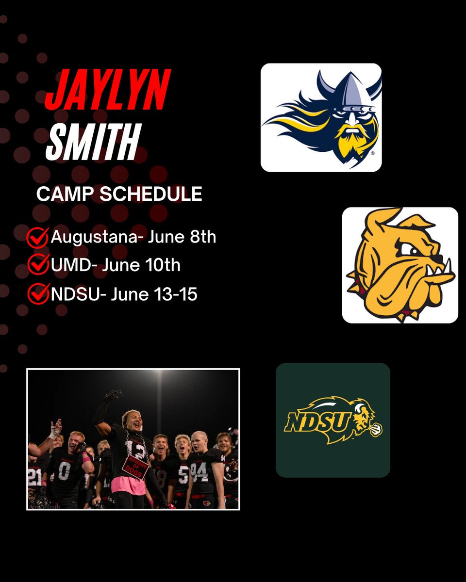 Jaylyn Smith (@jaylyn_smith1) on Twitter photo ‼️2025 Camp schedule‼️
Can’t wait to compete and showcase my talents this summer❗️
<a href="/JalenBethany/">Jalen Bethany</a> <a href="/CoachLukeOlson/">Coach Luke Olson</a> <a href="/NickGoeser/">Nick Goeser</a> <a href="/NDSUfootball/">NDSU Football</a> <a href="/CoachSipple/">Mark Sipple</a> <a href="/AugieFB/">Augustana Football</a> <a href="/UMD_Football/">UMD Football</a> <a href="/PrepRedzoneWI/">Prep Redzone Wisconsin</a> <a href="/MJ_NFLDraft/">Mark Johnson</a> <a href="/Chippewa_FB/">Chippewa Falls Football</a> ‼️2025 Camp schedule‼️
Can’t wait to compete and showcase my talents this summer❗️
<a href="/JalenBethany/">Jalen Bethany</a> <a href="/CoachLukeOlson/">Coach Luke Olson</a> <a href="/NickGoeser/">Nick Goeser</a> <a href="/NDSUfootball/">NDSU Football</a> <a href="/CoachSipple/">Mark Sipple</a> <a href="/AugieFB/">Augustana Football</a> <a href="/UMD_Football/">UMD Football</a> <a href="/PrepRedzoneWI/">Prep Redzone Wisconsin</a> <a href="/MJ_NFLDraft/">Mark Johnson</a> <a href="/Chippewa_FB/">Chippewa Falls Football</a>