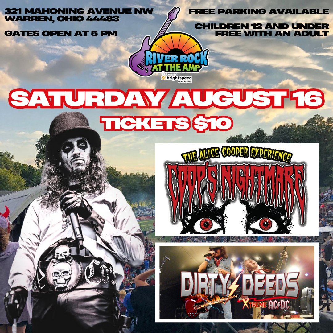 LET THERE BE ROCK at the Amp SATURDAY AUGUST 16 with CO-HEADLINERS <a href="/CoopsNightmare/">Coop's Nightmare</a> A Theatrical Tribute to The Master of Shock Rock Alice Cooper &amp; DIRTY DEEDS AC/DC Tribute

TICKETS $10 on sale now at riverrockattheamp.com &amp; the <a href="/SunriseInnPizza/">Sunrise Inn of Warren</a>  &amp; will be available at the gate