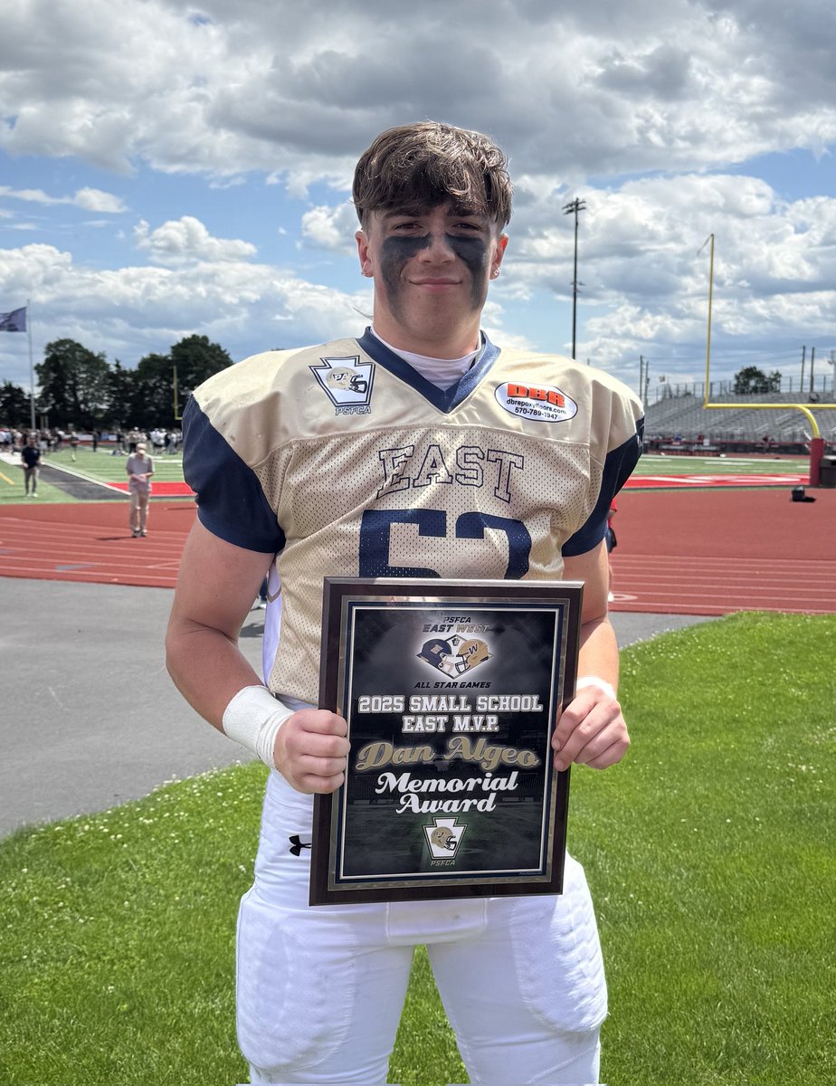 Senior Matt Fotta played in the 2025 Small School East/West All-Star Football Game on Sunday at Cumberland Valley High School. Congrats to Matt on being named the MVP of the East team.  Great job! #GoRoughs 🏈👍🏼