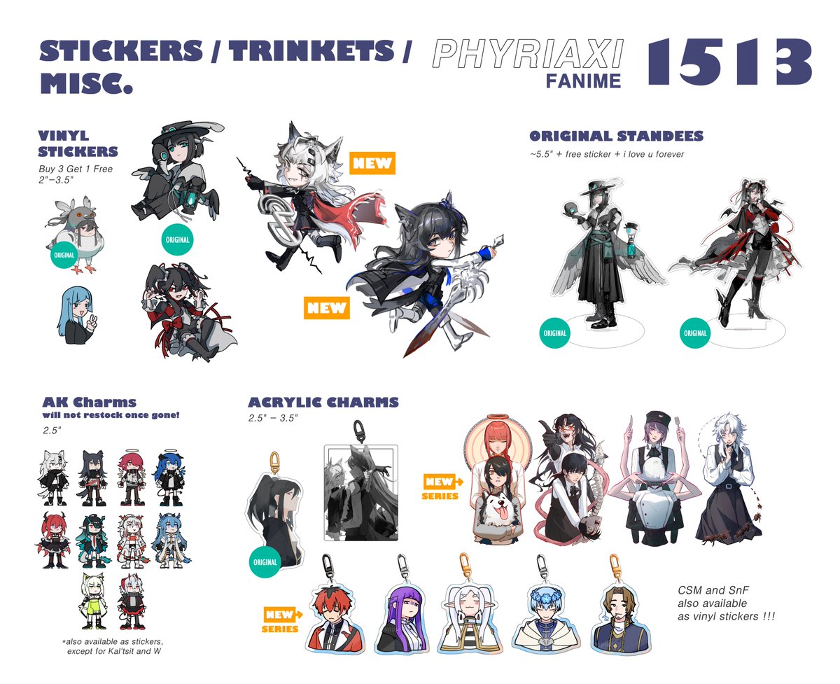 Catalogue for #Fanime table 1513!!

I've got my usual Arknights prints, as well as a few new prints and stickers! 💫

If there's anything you'd like to reserve, please DM me so I can hold on to them for you! : )