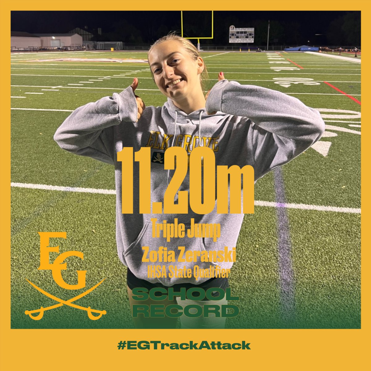 🚨IHSA State Meet Qualifiers🚨
Zofia Breaks her own School Record on her last  jump to meet the qualifying standard. 
What a Jump! 11.20m and a 2nd Place🥈finish at Sectionals 
#EGTrackAttack