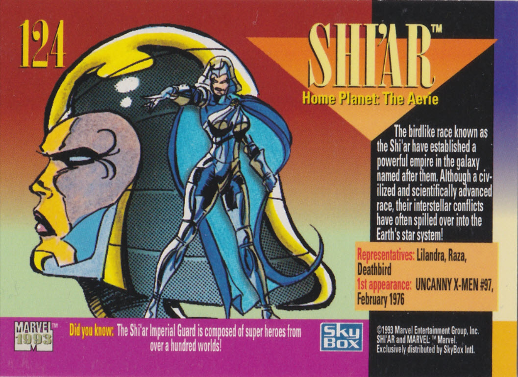 AustinGorton's tweet photo. Card 124: Shi'ar

The Shi'ar coming off a big lift in '92 thanks to "Operation Galactic Storm."

Of all the possible Shi'ar to draw in, I wonder why Morgan went with Astra.

#TradingCardADay #MU4 #AlienRaces #TomMorgan #ShiAr https://t.co/OIsSsYuaoh