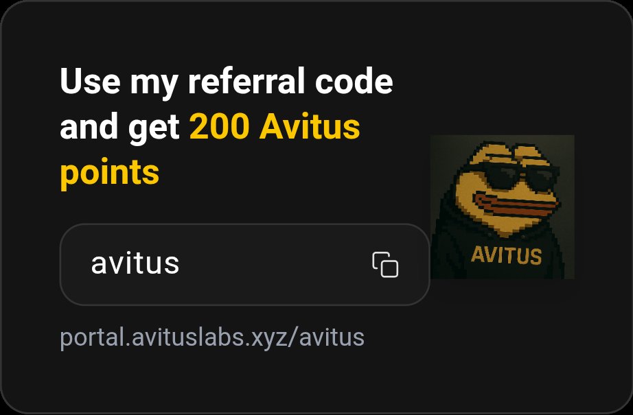 Use my referral code and get 200 Avitus points! 🔥
Join now: portal.avituslabs.xyz/avitus

#avitus #earlyaccess #waitlist