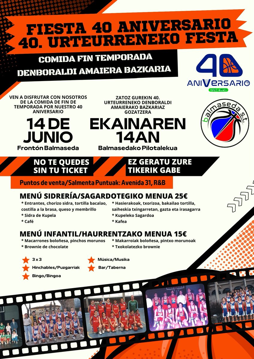 BalmasedaST's tweet photo. 🥳FIESTA 40º ANIVERSARIO

En un mes celebraremos la fiesta con la que pondremos fin a ésta temporada del 40º aniversario de la fundación del Club 🤗

Ya están a la venta los tickets para asistir, que podréis adquirir en nuestros establecimientos colaboradores: R&amp;B y Avenida 31. https://t.co/cAvSm56dw4