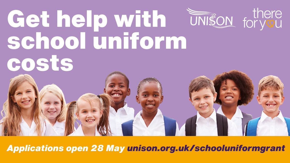 Unison Hull & East Riding Health ๐ (@unisonherhealth) on Twitter photo The <a href="/unisontheunion/">UNISON - UK's largest union</a> charity, There for You, is offering to help low income members with a grant of ยฃ75 per school-aged child to spend on uniforms.
Applications open on 28th May
๐unison.org.uk/schooluniformgโฆ The <a href="/unisontheunion/">UNISON - UK's largest union</a> charity, There for You, is offering to help low income members with a grant of ยฃ75 per school-aged child to spend on uniforms.
Applications open on 28th May
๐unison.org.uk/schooluniformgโฆ
